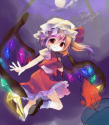 Rule 34 | 1girl, bad id, bad pixiv id, blonde hair, blouse, female focus, flandre scarlet, from side, hat, kedama milk, mob cap, moonlight, red eyes, shirt, side ponytail, solo, touhou, white hat, white shirt, wings