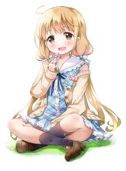 Rule 34 | 1girl, black socks, blonde hair, blue dress, blush, bow, brown eyes, candy, cardigan, collarbone, dress, food, futaba anzu, hair ribbon, highres, holding, holding candy, holding food, holding lollipop, idolmaster, idolmaster cinderella girls, idolmaster cinderella girls starlight stage, indian style, loafers, lollipop, long hair, looking at viewer, low twintails, michii yuuki, off shoulder, on grass, open mouth, panties, pantyshot, plaid, plaid dress, ribbon, shoes, simple background, sitting, smile, socks, solo, twintails, underwear, very long hair, white background