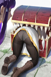 Rule 34 | 2girls, ass, black pantyhose, body offscreen, boots, box, brown footwear, clothes lift, copyright name, disappointed, dress, fern (sousou no frieren), frieren, gold trim, grass, highres, in box, in container, long hair, looking at another, lower body, mimic, mimic chest, monster, multiple girls, panties, panties under pantyhose, panties visible through clothes, pantyhose, purple hair, realistic, sign, skirt, skirt lift, sousou no frieren, stuck, sweatdrop, trapped, treasure chest, underwear, vore, white dress, white hair, white skirt, zumi (zumidraws)