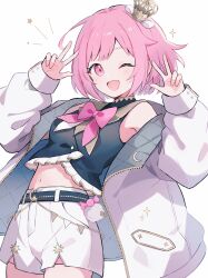 Rule 34 | 1girl, black vest, blush, crown, double w, hands up, highres, hrn ohana, jacket, long sleeves, looking at viewer, midriff, mini crown, one eye closed, ootori emu, open mouth, project sekai, puffy long sleeves, puffy sleeves, short hair, shorts, simple background, smile, solo, sparkle, vest, w, white background, white jacket, white shorts