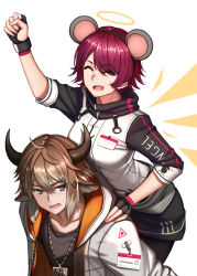 Rule 34 | 1boy, 1girl, ahoge, animal ears, arknights, arm up, bison (arknights), black gloves, black jacket, black pantyhose, black shirt, black skirt, blush, breasts, brown eyes, brown hair, carrying, chinese zodiac, clenched hand, closed eyes, collarbone, commentary, cow ears, cow horns, cowboy shot, detached wings, dydydyok, exusiai (arknights), eyes visible through hair, fake animal ears, fingerless gloves, gloves, hair between eyes, hair over one eye, halo, highres, hood, hooded jacket, horns, id card, jacket, jewelry, looking back, medium breasts, miniskirt, mouse ears, multicolored clothes, multicolored jacket, necklace, open mouth, pantyhose, parted bangs, penguin logistics logo, piggyback, red hair, scowl, shirt, short hair, short sleeves, simple background, skirt, smile, swept bangs, two-tone jacket, upper body, v-shaped eyebrows, white background, white jacket, wings, year of the rat