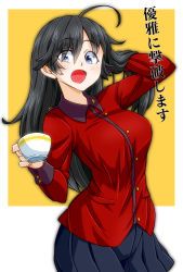 Rule 34 | 1girl, :d, ahoge, aono3, black eyes, black hair, black skirt, commentary, cowboy shot, cup, girls und panzer, hand in own hair, highres, holding, holding cup, isuzu hana, jacket, long hair, long sleeves, looking at viewer, military, military uniform, miniskirt, open mouth, pleated skirt, red jacket, skirt, smile, solo, st. gloriana&#039;s military uniform, standing, teacup, translated, uniform