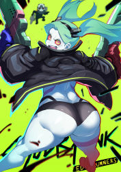Rule 34 | 1girl, absurdres, adam smasher, aqua hair, ass, bare legs, black panties, butt crack, curvy, cyberpunk (series), cyberpunk edgerunners, floating hair, from behind, highres, huge ass, index finger raised, jacket, jumping, long hair, looking at viewer, looking back, meme, meme attire, nuezou, open mouth, panties, petite, rebecca (cyberpunk), red eyes, shiny clothes, shiny skin, short shorts, shorts, solo, thick thighs, thighhighs, thighs, twintails, underwear, wide hips