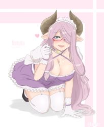 Rule 34 | 10s, 1girl, absurdres, blue eyes, breasts, cleavage, draph, dress, enlay, female focus, glasses, gloves, granblue fantasy, heart, heart-shaped pupils, highres, horns, kneeling, looking at viewer, maid, narmaya (granblue fantasy), pink hair, purple dress, purple hair, socks, spoon, symbol-shaped pupils, thighhighs