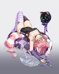 Rule 34 | 1girl, :&lt;, :3, absurdres, alternate costume, animal collar, animal ears, armpits, arms up, asymmetrical legwear, asymmetrical sleeves, black thighhighs, breasts, camisole, cat ears, cat girl, checkered pillow, clothing request, collar, collarbone, counter:side, detached sleeves, floating, floating object, glasses, gradient background, hair ornament, hairclip, highres, holding, holding phone, knees up, lenmue, looking at viewer, lying, medium breasts, nail polish, off shoulder, on back, on pillow, phone, phone with ears, pillow, pink hair, purple nails, purple ribbon, purple thighhighs, ribbon, robot, round eyewear, short hair, smartphone case, solo, stirrup legwear, striped clothes, striped ribbon, striped sleeves, striped tail, striped thighhighs, sylvia lena cooper, tail, thighhighs, toeless legwear, upside-down, white camisole, white sleeves, | |