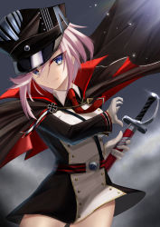 Rule 34 | 1girl, azur lane, black cape, black hat, blue eyes, cape, commentary request, gloves, hat, highres, jiseki rena, looking at viewer, military, military hat, military uniform, pink hair, red cape, scabbard, seydlitz (azur lane), sheath, short hair, solo, sword, two-tone cape, uniform, weapon, white gloves