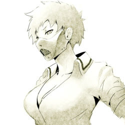 Rule 34 | 1girl, breasts, cleavage, collarbone, greyscale, lena forst, lowres, mask, mike inel, missing stars, monochrome, short hair, solo