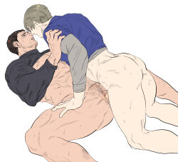 Rule 34 | 123456dyom, 2boys, absurdres, ass, bara, bare pectorals, black hair, bottomless, brown hair, chris redfield, closed eyes, clothes lift, cuntboy, cuntboy with male, erection, highres, large pectorals, leon s. kennedy, looking at another, male focus, male pubic hair, multiple boys, muscular, muscular male, naked shirt, open mouth, pectorals, penis, pubic hair, resident evil, resident evil 6, sex, shirt, shirt lift, short hair, simple background, spread legs, thick thighs, thighs, white background, yaoi