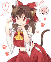 Rule 34 | 1girl, animal ears, ascot, bare shoulders, bow, brown hair, cat ears, cat tail, detached sleeves, fang, fang out, hair bow, hair tubes, hakurei reimu, haruki (colorful macaron), heart, heart of string, kemonomimi mode, midriff, navel, nontraditional miko, paw pose, paw print, red eyes, shirt, skirt, smile, solo, tail, touhou, white background, wide sleeves