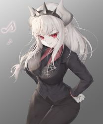 Rule 34 | 1girl, absurdres, black necktie, black pants, blunt bangs, breasts, commentary request, dasima, demon girl, demon horns, demon tail, formal, gloves, gradient background, grey background, hands on own hips, helltaker, highres, horns, large breasts, leaning forward, long hair, long sleeves, looking at viewer, lucifer (helltaker), mole, mole under eye, musical note, musical note print, necktie, pale skin, pants, parted lips, red eyes, red shirt, shirt, simple background, smile, solo, suit, tail, teeth, thigh gap, white gloves, white hair, white horns