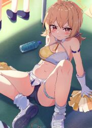 Rule 34 | 1girl, 1other, absurdres, ahoge, ass, black panties, blonde hair, blue archive, blush, bottle, breasts, cheerleader, cleavage, closed mouth, detached collar, gloves, hair between eyes, halo, halterneck, highres, kotori (blue archive), kotori (cheer squad) (blue archive), large breasts, long hair, millennium cheerleader outfit (blue archive), navel, official alternate costume, panties, pleated skirt, pom pom (clothes), red eyes, shirokuma (zeroillya), shoes, skirt, socks, solo focus, tears, underwear, water bottle, white footwear, white gloves, white skirt, white socks, yellow halo