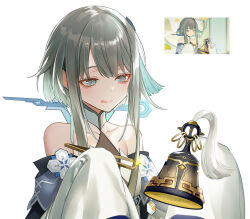 Rule 34 | 1girl, bare shoulders, bell, collarbone, derivative work, dress, game screenshot, genshin impact, grey hair, guizhong (genshin impact), highres, holding, holding bell, licking lips, long sleeves, pottsness, screenshot redraw, short hair with long locks, simple background, sleeves past wrists, solo, tongue, tongue out, upper body, white background, white dress, wide sleeves