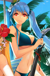 Rule 34 | 1girl, beach, bikini, blue hair, breasts, cleavage, day, large breasts, lowres, luthica preventer, navel, orange eyes, outdoors, palm tree, solo, summer, swimsuit, sword, sword girls, tree, twintails, underboob, weapon