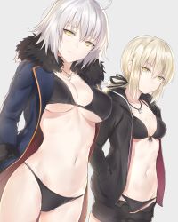 Rule 34 | 2girls, ahoge, artoria pendragon (all), artoria pendragon (fate), bikini, bikini under clothes, black bikini, black jacket, black ribbon, black shorts, blonde hair, blue coat, breasts, cleavage, coat, collarbone, expressionless, fate/grand order, fate/stay night, fate (series), fur-trimmed coat, fur trim, grey background, hair ribbon, hands in pockets, highres, hip focus, hood, hooded jacket, jacket, jeanne d&#039;arc (fate), jeanne d&#039;arc (ruler) (fate), jeanne d&#039;arc alter (fate), jeanne d&#039;arc alter (ver. shinjuku 1999) (fate), jewelry, kyouki, large breasts, long hair, looking at viewer, multiple girls, navel, necklace, official alternate costume, open clothes, open coat, open jacket, pendant, ponytail, ribbon, saber (fate), saber alter, saber alter (ver. shinjuku 1999) (fate), short hair, shorts, silver hair, simple background, small breasts, smile, swimsuit, thighs, yellow eyes
