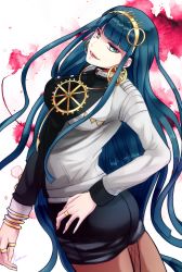 Rule 34 | 1girl, aqua eyes, aqua hair, ass, bracelet, breasts, choker, cleopatra (fate), earrings, eyeshadow, fate/grand order, fate (series), gold, hairband, highres, jacket, jewelry, large breasts, long hair, looking at viewer, makeup, open mouth, pantyhose under shorts, ring, shorts, sinzuu, smile, solo, very long hair