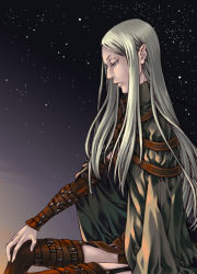 Rule 34 | 1girl, amputee, blonde hair, boots, claymore (series), cloak, frown, grey eyes, hand on own knee, irene, koujakurou (artist), long hair, looking down, night, night sky, pointy ears, silver hair, sky, solo, star (sky), starry sky, strap, sunset, thigh boots, thighhighs