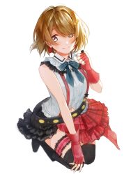 Rule 34 | 1girl, black footwear, black thighhighs, bokura wa ima no naka de, boots, clothing cutout, earrings, fingerless gloves, gloves, hair over one eye, hand up, highres, idol, jewelry, knee boots, kneeling, koizumi hanayo, light brown hair, looking at viewer, love live!, love live! school idol project, multicolored clothes, multicolored skirt, naarann, navel cutout, purple eyes, red gloves, shirt, short hair, skirt, sleeveless, sleeveless shirt, smile, solo, thigh strap, thighhighs, zettai ryouiki