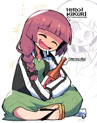 Rule 34 | 1girl, :d, absurdres, black bow, black jacket, blunt bangs, blush, bocchi the rock!, bottle, bow, carton, character name, closed eyes, dress, drooling, fang, geta, glass bottle, green dress, hair bow, hair over shoulder, highres, hiroi kikuri, holding, holding bottle, indian style, jacket, jersey, long hair, long sleeves, looking at viewer, medium dress, no nose, open mouth, purple hair, rariatto (ganguri), ringed eyes, sharp teeth, sidelocks, simple background, sitting, smile, solo focus, teeth, tumblr username, white background, zoom layer