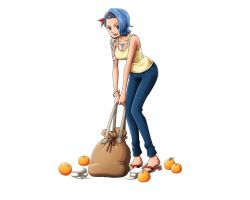 Rule 34 | 1girl, :d, arm tattoo, band, blouse, blue eyes, blue hair, blue pants, bodskih, breasts, cleavage, collarbone, denim, food, fruit, full body, holding, leaning forward, looking at viewer, nojiko, one piece, one piece treasure cruise, open mouth, orange (fruit), pants, red hair, shirt, short hair, simple background, sleeveless, sleeveless shirt, smile, solo, standing, tattoo, transparent background, yellow shirt