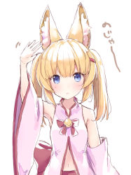 Rule 34 | 1girl, animal ear fluff, animal ears, bare shoulders, bell, blonde hair, blue eyes, blush, bow, detached sleeves, fox ears, hair ornament, hairclip, jingle bell, kemomimi oukoku kokuei housou, long hair, long sleeves, mikoko (kemomimi oukoku kokuei housou), navel, parted lips, red bow, solo, suzumori uina, translation request, twintails, virtual youtuber, wide sleeves