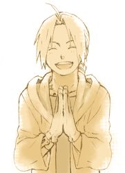Rule 34 | 1boy, coat, edward elric, closed eyes, fullmetal alchemist, gloves, grin, happy, long hair, male focus, mattsu, monochrome, open mouth, own hands together, sepia, simple background, smile, solo focus, white background