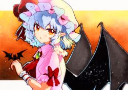 Rule 34 | 1girl, ascot, bat wings, collared shirt, frilled shirt collar, frilled skirt, frilled sleeves, frills, hat, highres, light purple hair, mob cap, pink hat, pink shirt, pink skirt, puffy short sleeves, puffy sleeves, qqqrinkappp, red ascot, red eyes, remilia scarlet, shirt, short hair, short sleeves, skirt, skirt set, solo, touhou, traditional media, wings, wrist cuffs