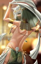 Rule 34 | 1girl, absurdres, arknights, arms up, ass, back, backboob, breasts, cowboy shot, dancer, green eyes, green hair, highres, holding, kal&#039;tsit (arknights), large breasts, loincloth, looking at viewer, looking back, mouth veil, putcho, short hair, sideways glance, solo, spine, veil