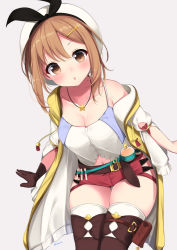 Rule 34 | 1girl, :o, atelier (series), atelier ryza, atelier ryza 1, belt, beret, blush, boots, breasts, brown eyes, brown footwear, brown gloves, brown hair, camisole, chestnut mouth, cleavage, clothing cutout, collarbone, commentary, cowboy shot, drawstring, flask, gloves, grey background, hair ornament, hairclip, hat, jacket, jewelry, leaning forward, leather, leather belt, leather boots, leather gloves, looking at viewer, medium breasts, medium hair, multicolored clothes, multicolored jacket, navel, navel cutout, necklace, off shoulder, parted lips, pouch, red shorts, reisalin stout, round-bottom flask, sasahara wakaba, short shorts, shorts, simple background, single bare shoulder, single glove, skindentation, solo, standing, star (symbol), star necklace, tareme, thick thighs, thigh boots, thigh gap, thigh pouch, thighhighs, thighs, twitter username, two-tone jacket, white hat, white jacket, white thighhighs, yellow jacket