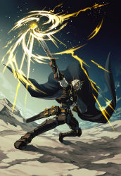Rule 34 | 1boy, black cape, black footwear, black gloves, cape, closed mouth, cloud, erune, eustace (granblue fantasy), firing, full body, gloves, granblue fantasy, gun, hair over one eye, holding, holding gun, holding weapon, male focus, outdoors, outstretched arm, pants, rifle, sheath, short hair, silver hair, sky, solo, standing, weapon, zinnkousai3850