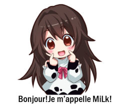 Rule 34 | 1girl, blush, brown eyes, brown hair, chibi, dress, french text, jokanhiyou, long hair, long sleeves, looking at viewer, off shoulder, open mouth, original, smile, solo, translated, white background