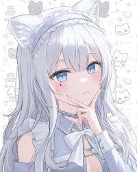 Rule 34 | 1girl, :3, animal ears, blue eyes, blue nails, cat, cat ears, chain, character request, cleavage cutout, closed mouth, clothing cutout, collar, commentary request, copyright request, cross, cross earrings, detached sleeves, earrings, fang, grey hair, hair between eyes, hairband, heart, heart-shaped pupils, highres, jewelry, kuri o o, lolita hairband, long hair, looking at viewer, musical note, one eye closed, paw print, skin fang, solo, strap, symbol-shaped pupils, upper body, v, white collar