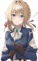 Rule 34 | 1girl, absurdres, ascot, blonde hair, blue eyes, blue jacket, blush, braid, brooch, brown gloves, closed mouth, gloves, hair between eyes, hair intakes, hair ribbon, highres, jacket, jewelry, looking at viewer, necklace, red ribbon, ribbon, sidelocks, simple background, smile, solo, ttusee5, violet evergarden, violet evergarden (series), white ascot, white background
