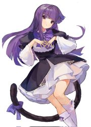Rule 34 | 1girl, black dress, black tail, blunt bangs, bow, cat tail, dress, dress bow, feet out of frame, frederica bernkastel, frilled dress, frilled sleeves, frills, highres, hime cut, layered dress, long hair, puffy sleeves, purple bow, purple eyes, purple hair, saechi (lnyn248329), sidelocks, simple background, socks, solo, tail, tail bow, tail ornament, umineko no naku koro ni, white background, white socks, wide sleeves