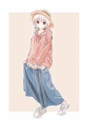 Rule 34 | 1girl, alternate hairstyle, blue skirt, border, braid, brown eyes, brown hoodie, casual, closed mouth, collarbone, commentary request, expressionless, full body, hat, highres, hood, hoodie, layered skirt, long skirt, long sleeves, looking at viewer, nagato yuki, nanabuluku, outside border, plaid, plaid skirt, purple hair, shoes, short hair, skirt, skirt hold, sneakers, solo, standing, suzumiya haruhi no yuuutsu, twin braids, white border, white footwear, yellow background