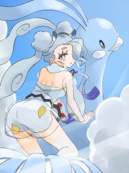 Rule 34 | 1girl, altaria, bare shoulders, blue gloves, blue nails, blue sky, creatures (company), double bun, flying miku (project voltage), game freak, gen 3 pokemon, gloves, hair bun, hair over one eye, hatsune miku, highres, long hair, looking at viewer, looking back, mikan (mikan no happa), nintendo, open mouth, poke ball, pokemon, pokemon (creature), project voltage, see-through shorts, shorts, shorts under shorts, single glove, sky, twintails, very long hair, vocaloid, wind chime