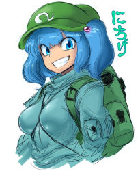 Rule 34 | 1girl, backpack, bad id, bad pixiv id, bag, between breasts, blue eyes, blue hair, breasts, character name, face, female focus, grin, hair bobbles, hair ornament, hat, kawashiro nitori, looking at viewer, matching hair/eyes, randoseru, short twintails, smile, solo, spacezin, touhou, twintails, two side up, white background