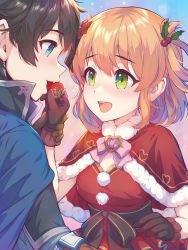 Rule 34 | 1boy, 1girl, blush, breasts, brother and sister, green eyes, hair ornament, highres, medium breasts, merry christmas, open mouth, orange hair, princess connect!, rino (christmas) (princess connect!), rino (princess connect!), siblings, yako noir, yuuki (princess connect!)
