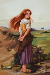 Rule 34 | 1girl, absurdres, arms behind back, barefoot, blush, corset, dress, field, fine art parody, grass, highres, holding, holding plant, long hair, looking at viewer, looking to the side, malon, nintendo, nm dl, painting (medium), parody, plant, pointy ears, red hair, shepherd, the legend of zelda, the legend of zelda: ocarina of time, traditional media
