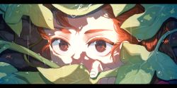 Rule 34 | 1girl, arrietty, brown eyes, close-up, commentary, dew drop, eye focus, gtcockroach, highres, karigurashi no arrietty, leaf, letterboxed, looking at viewer, mini person, minigirl, red hair, solo, water drop