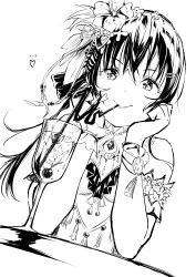 Rule 34 | 1girl, absurdres, birthday, black hair, commentary, cup, drinking, drinking glass, drinking straw, flower, greyscale, hair flower, hair ornament, hairpin, highres, looking at viewer, love live!, love live! school idol project, monochrome, multiple hairpins, solo, sonoda umi, table, tommer, upper body, white background
