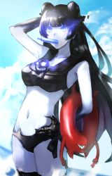 Rule 34 | 1girl, abyssal ship, alternate costume, bad id, bad pixiv id, bikini, black hair, blue eyes, blue sky, breasts, cloud, cloudy sky, day, eating, enemy lifebuoy (kancolle), food, glowing, highres, ice cream, kantai collection, light cruiser oni, long hair, medium breasts, ocean, outdoors, pale skin, sky, solo, swimsuit, very long hair, weasel (close-to-the-edge)