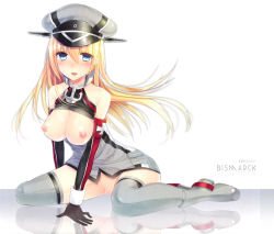 Rule 34 | 10s, 1girl, bad id, bad pixiv id, bismarck (kancolle), black gloves, blonde hair, blue eyes, blush, breasts, breasts out, detached sleeves, gloves, grey thighhighs, hat, kantai collection, long hair, looking at viewer, military, military hat, military uniform, nipples, no panties, peaked cap, personification, reflection, sitting, solo, thighhighs, umeko (koori ume), uniform, wa sakaidera umeko, wariza