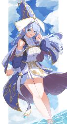 Rule 34 | 1girl, bare shoulders, blue eyes, blue hair, blush, braid, breast strap, breasts, detached sleeves, dress, duel monster, elf, frilled dress, frills, hat, heichi, highres, large breasts, long hair, looking at viewer, partially submerged, pointy ears, single braid, solo, water enchantress of the temple, witch hat, yu-gi-oh!