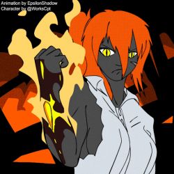 Rule 34 | animated, animated gif, artist request, breasts, burnt clothes, button shirt, colored skin, fire, fire, gem, grey skin, large breasts, looking at viewer, orange eyes, orange hair, ponytail, side ponytail, sideboob, toned, toned female, torn clothes, vera (cpt.tester)