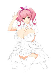 Rule 34 | 10s, 1girl, blush, breasts, cleavage, dress, female focus, large breasts, macross, macross delta, makina nakajima, nekomamire, pink eyes, pink hair, short hair, simple background, smile, solo, thighhighs, white dress, white thighhighs