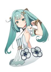 Rule 34 | 1girl, absurdres, aoiro (t aoiro123), aqua hair, bangle, bracelet, breasts, closed mouth, cropped legs, detached sleeves, dress, faruzan (genshin impact), genshin impact, green eyes, hair ornament, highres, jewelry, long hair, sidelocks, simple background, small breasts, solo, symbol-shaped pupils, triangle-shaped pupils, twintails, white background, white dress, x hair ornament