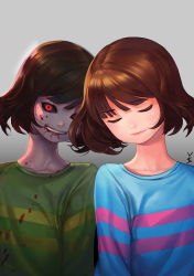 Rule 34 | androgynous, black sclera, blood, blood on clothes, blood on face, brown hair, chara (undertale), closed eyes, collarbone, colored sclera, evil grin, evil smile, frisk (undertale), gd choco, gender request, gradient background, grin, head tilt, red eyes, shirt, signature, smile, spoilers, striped clothes, striped shirt, symmetry, teeth, undertale, upper body