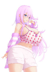 Rule 34 | 1girl, bare shoulders, breasts, cleavage, curvy, highres, huge breasts, purple hair, long hair, lv 249, midriff, navel, open mouth, oppai loli, otoha rilly, purple eyes, see-through, sideboob, simple background, smile, solo, standing, v, white background, wide hips