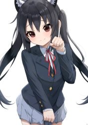 Rule 34 | 1girl, absurdres, aftamc, animal ears, black hair, blazer, brown eyes, cat ears, closed mouth, commentary request, grey skirt, highres, jacket, k-on!, kemonomimi mode, long hair, long sleeves, looking at viewer, nakano azusa, paw pose, pleated skirt, red neckwear, red ribbon, ribbon, sakuragaoka high school uniform, school uniform, simple background, skirt, smile, solo, twintails, white background