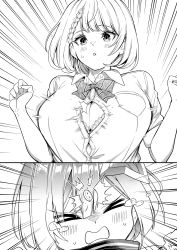 Rule 34 | &gt; &lt;, 2girls, amane kanata, blush, bow, bowtie, bra, bra peek, braid, breasts, bursting breasts, cleavage, collared shirt, dress shirt, emphasis lines, greyscale, hands up, highres, hololive, huge breasts, izumida fuyuki, large breasts, monochrome, multiple girls, open mouth, parted lips, popped button, shirogane noel, shirogane noel (school uniform), shirt, short hair, short sleeves, striped bow, striped bowtie, striped clothes, underwear, virtual youtuber